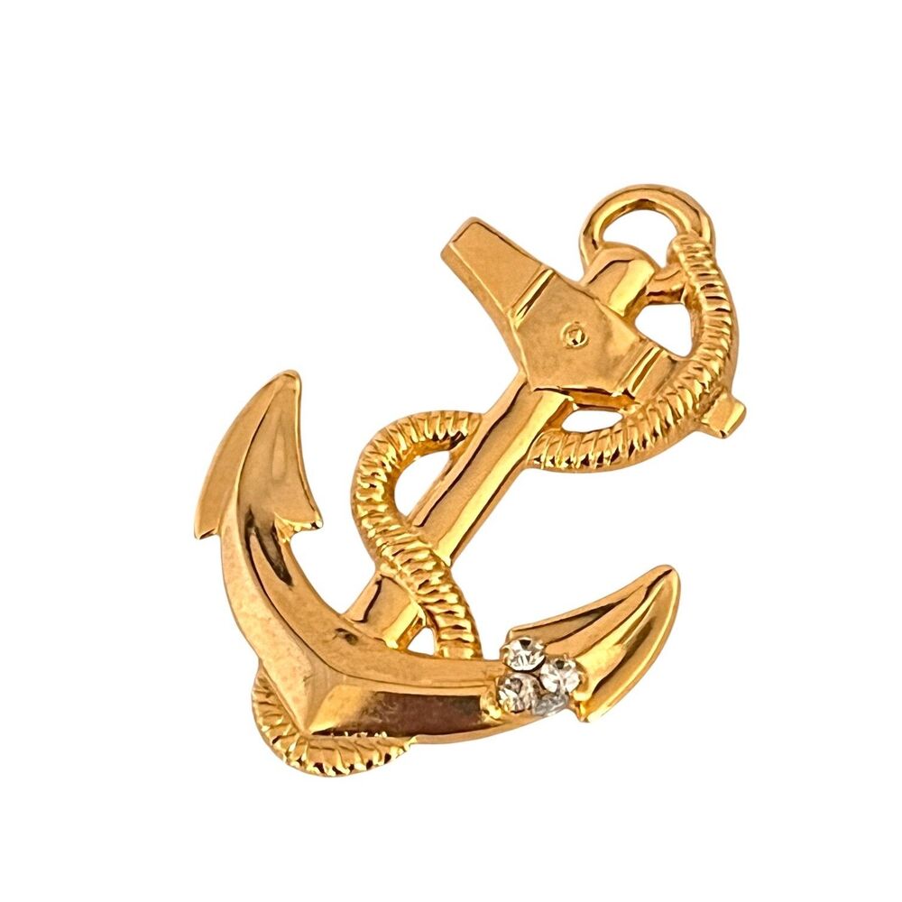 Vintage 1980s Anchor Brooch Gold Tone Rhinestone Nautical Pin - 5V